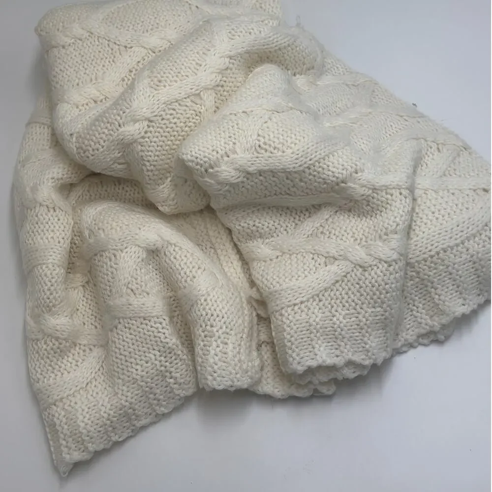 Cable Knit Throw Blanket 60x60 Cream Ivory Chunky Knit Acrylic